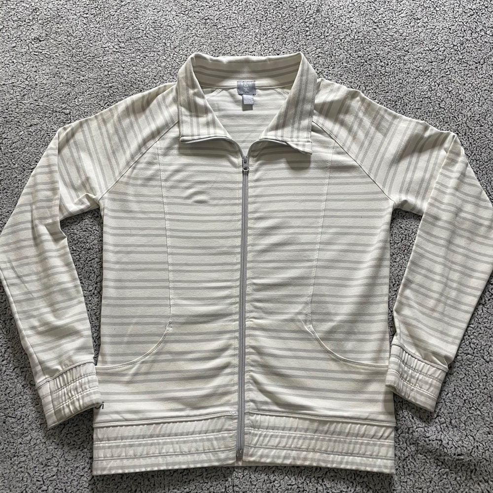 White and Grey Striped Gap Fit Zip-Up Sweatshirt